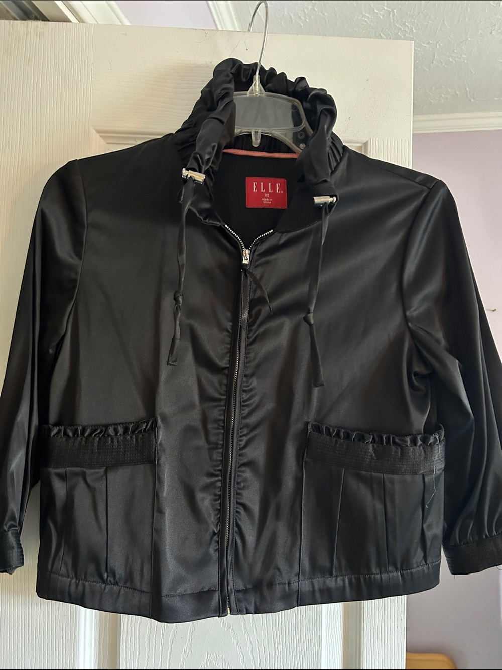 ELLE Black Faux Leather Zip Front Drawstring Hood Jacket